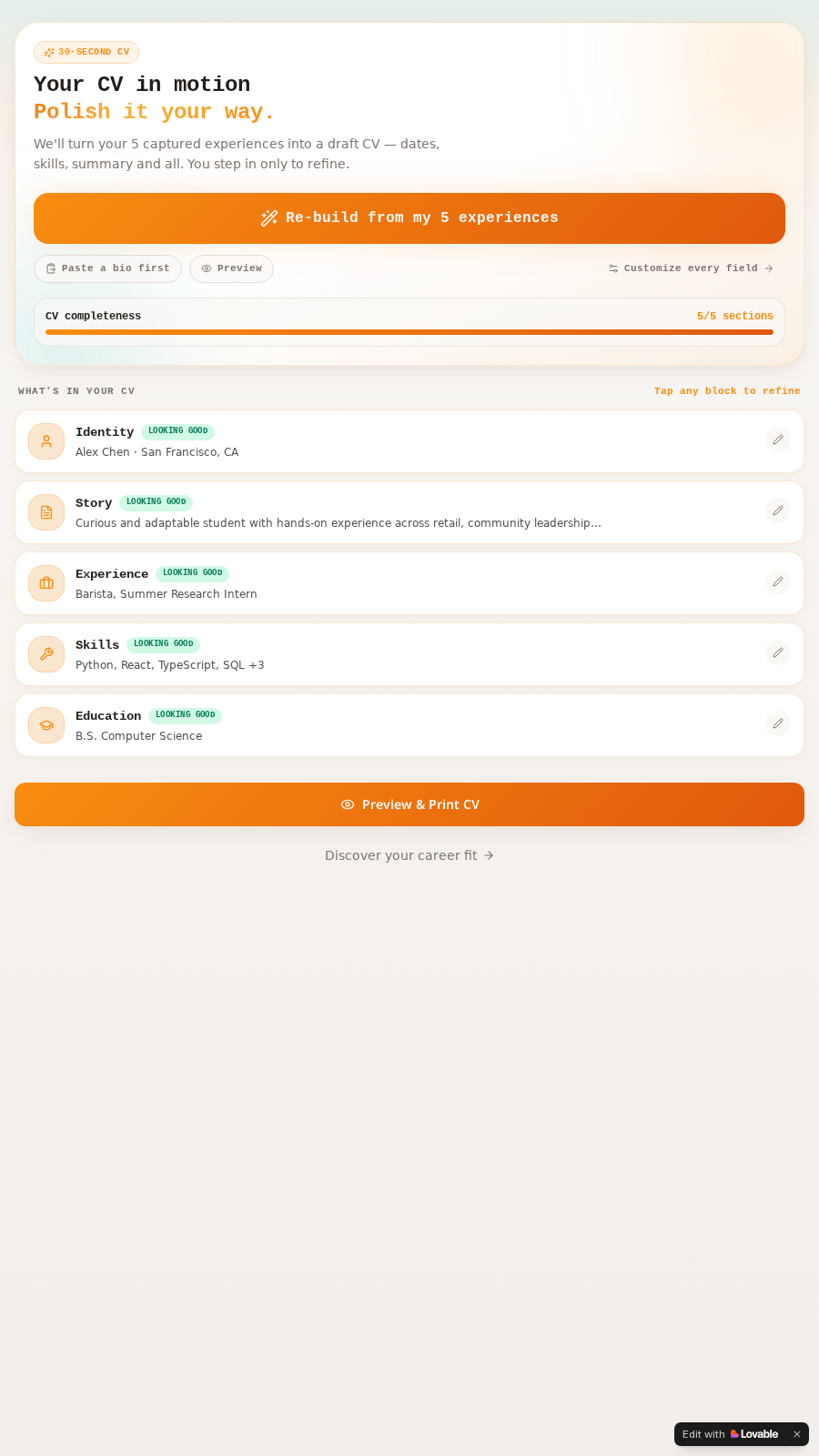 Cvtify resume builder interface