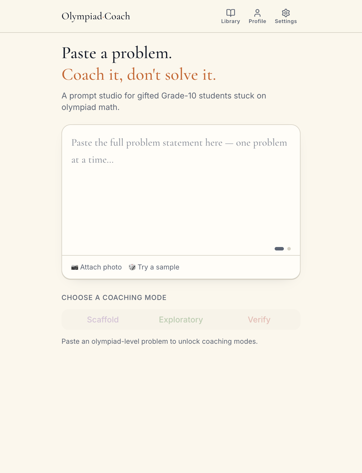 Olympiad Coach math prompt studio interface